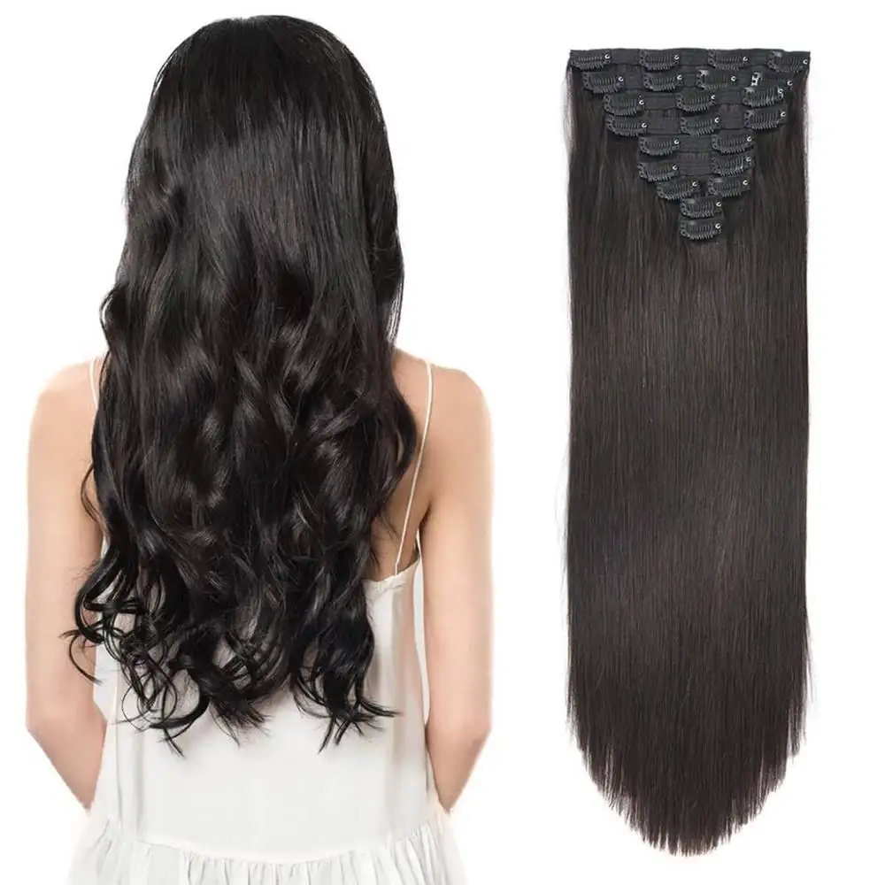 Hair Extensions Double Weft Synthetic Human Hair Toupee 120g 6Pcs 16 Clips 24 Inch Wavy Curly Natural Hair