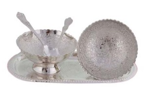 Brass Bowl <b>Set</b> with Tray and Spoons Silver Plated with Velvet Gift Box Diwali Gift - Product Image 2