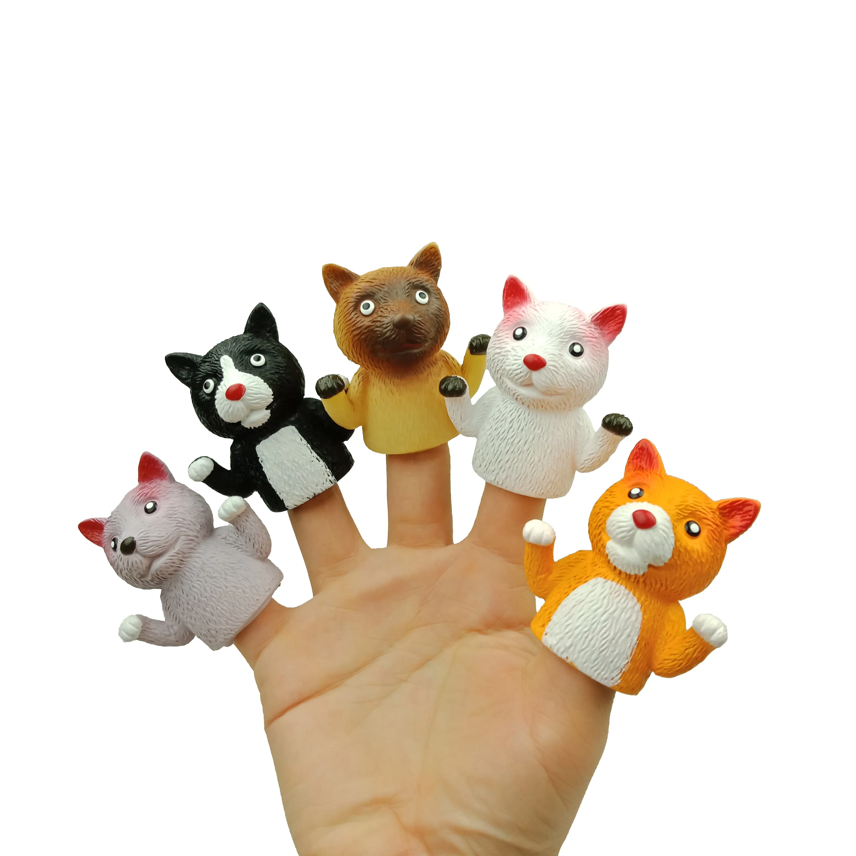 Venta caliente marioneta de dedo cinco colores gato diseño dedo marioneta para 3 años regalos