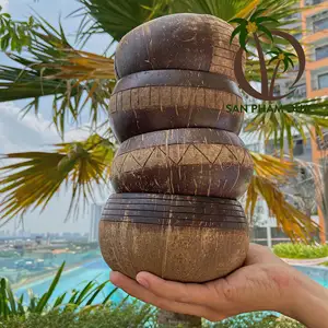 ECO FRIENDLY CARVED DESIGN COCONUT SHELL BOWL FOR ACAI SALAD SMOOTHIE MADE FROM COCONUT SHELL 100% NATURAL MADE IN VIETNAM