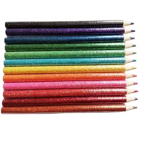 Set pensil warna, 12 buah pensil warna tajam kayu neon berkilau
