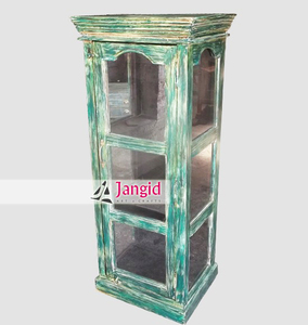 Étagère rustique en bois avec portes en verre, armoire de rangement à 3 niveaux, finition vert antique, meubles de salon - Product Image 2
