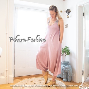 100% algodón Lino sin mangas cuello en V diseñador mono estilo europeo hasta el suelo verano Casual vestido hecho a mano cintura Natural - Product Image 4