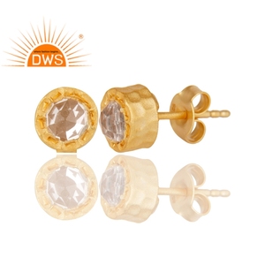 Hammered Gold Plated <b>Silver</b> Round <b>Stud</b> <b>Earrings</b> with Crystal Quartz Gemstone-Trendy Women's Wedding Gift Party Jewelry - Product Image 2