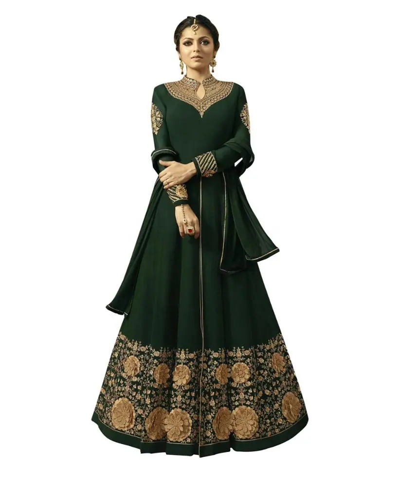Paquistani roupas de manga comprida, gola barco salwar kameez para musselina feminina por roupas étnicas mais belas cor verde para mulheres adultos