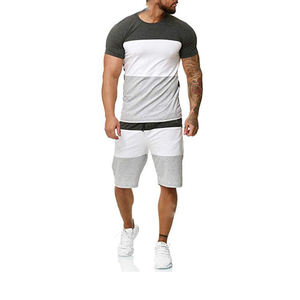 Conjunto de verano de camisetas y pantalones cortos de algodón orgánico, ropa para correr con logotipo personalizado, varios colores, estilo de bloque - Product Image 1