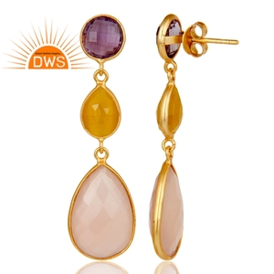 Indian Gold Plated Sterling Silver Bezel Set Drop Earrings Wholesale Amethyst Chalcedony Gemstone Earrings Jewelry - Product Image 3