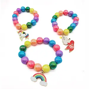 Grosir Unicorn tujuh warna pelangi paduan akrilik Chunky Bead Gelang untuk anak-anak