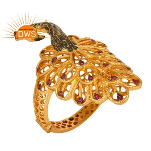 Peacock Design White Zircon Gemstone Set Gold Plated Brass Bridal Fashion Bangle Jewelry Wholesaler