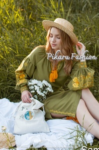 Vestidos Ucranianos Tejidos Ecológicos Lavables con Bordado, Manga Abullonada, Cuello en V Floral, Estilo Vintage, Largo hasta la Rodilla - Product Image 5