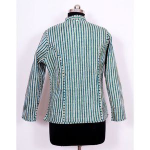 Women's Stylish Indian Handmade Cotton Quilted Jacket Flower Printed Reversible Wrap Coat with Stripe Decoration Short Length - Product Image 6