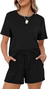 Conjunto de verano con tu propio logotipo personalizado para mujer, traje de 2 piezas transpirable, 2022 algodón, camisetas de media manga y pantalones cortos, 100% - Product Image 3