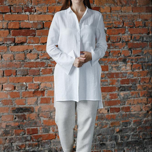 Vestido Camisero Largo de Lino 100% Blanco, Manga Larga, Corte Holgado, Cuello Camisero, Color Sólido, Transpirable, Formal, para Uso Diario de Verano - Product Image 5