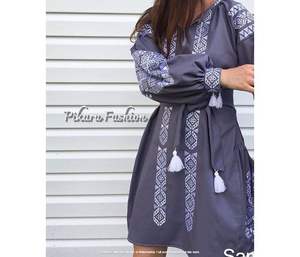 Vestido corto informal elegante para mujer bordado Diseño ucraniano Puff manga larga tejido sostenible natural ecológico - Product Image 1