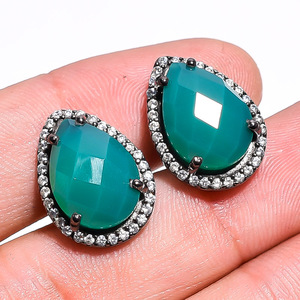 Pendientes de tuerca de Plata de Ley 925 para mujer, calcedonia verde Natural, circonita blanca, piedras preciosas, pavé, forma de pera, regalo de boda, compromiso - Product Image 4