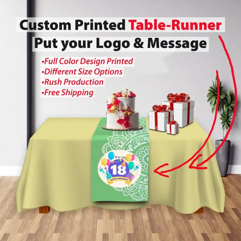 Personalized Tablecloth Full Color Print Custom Table Runner with Logo-message for Trade and Craft Shows, Wedding, Vendor events