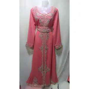 时尚集合串珠伊斯兰长袍乔其纱长敷料摩洛哥粉红色婚纱配腰带舒适长衫