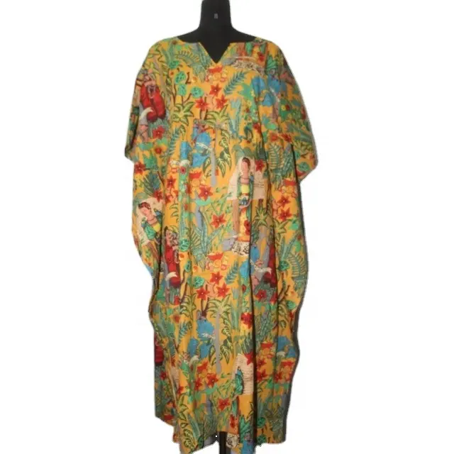 Indiase Handgemaakte Frida Kahlo Gedrukt Kaftan Katoen Strand Wear Party Jurk Bikini Cover Up Nachtkleding Nachtjapon Etnische Jurk