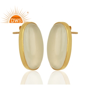 Pendientes de tuerca con bisel ovalado de GEMA de calcedonia blanca Natural, joyería de plata de ley 925, pendiente de tuerca chapado en oro de 14k, venta al por mayor - Product Image 2