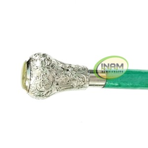 Ornate Silver Brass Knob Handle Wooden Walking Cane with <b>Green</b> Gemstone Accent | Luxury Vintage Mobility Support <b>Stick</b> for Men a - Product Image 2