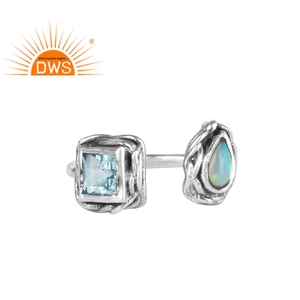 แหวนเงินแท้ 925 ชุบออกซิไดซ์ ปรับขนาดได้ ประดับด้วยบลูโทแพซธรรมชาติและโอปอลเอธิโอเปีย ดีไซน์ทันสมัย เหมาะสำหรับงานแต่งงาน งานครบรอบ และงานปาร์ตี้ - Product Image 1