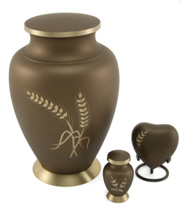 Urne funéraire en laiton motif blé pour cendres humaines adultes avec jetons souvenir en forme de cœur, ensemble décoratif commémoratif - Product Image 1