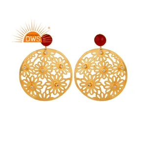 Handcrafted 22k Gold Plated Floral Designer Fashion Dangle Earrings CZ Red Aventurine Gemstone Earrings Jewelry Supplier