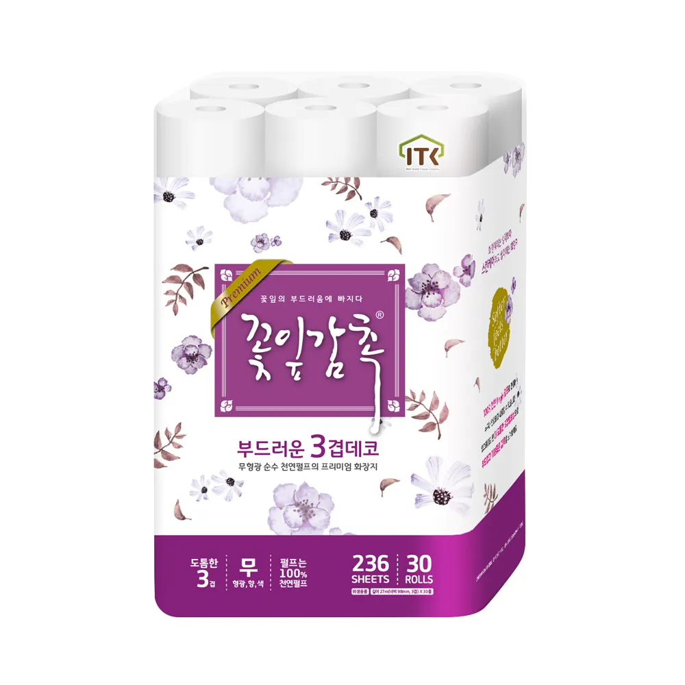 Korea ITC 3 Ply Kertas Toilet Kamar Mandi Tisu Gulung Tisu 100% Bubur Alami 3 Ply Deco