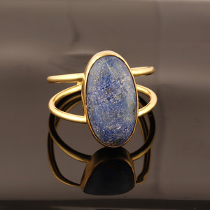 Vente en gros de bagues en laiton plaqué or à double couche à la mode en lapis-lazuli naturel, grande pierre ovale, bandeau empilable réglable - Product Image 5