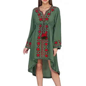 Top Sell Online Vintage Ethnic High Low Flower Embroidered Empire Tie Waist Casual Long Dress Hippie Boho People Asymmetric Maxi