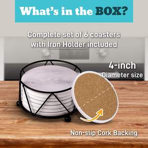 KSN Luxury Eco-Friendly <b>Marble</b> <b>Coasters</b> Set 6 Gray Drinks Mats with Iron Stand Kitchenware Stone Aluminium Finish Tablemat & Pad - Product Image 2