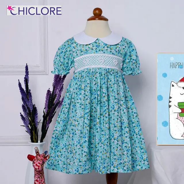 Lovely Style High Quality Flower Pattern Short Sleeve Smocked 1-7 Years Old Simple Fashion Dress For Girls
