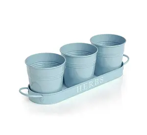 Kruid Pot Planter Set Met Lade Voor Indoor Tuin Of Outdoor Gebruik Seafoam Blauwe Metalen Succulent Ingemaakte Plantenbakken Voor Keuken venster