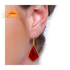 Boucles d'oreilles pendantes en argent et or, livraison gratuite, 925, bijou en Onyx rouge naturel, forme Rectangle, vente en gros - Product Image 4