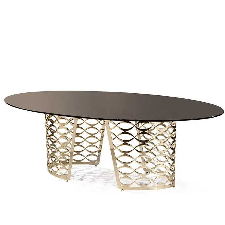 Modern shining gold stainless steel oval glass top dining table