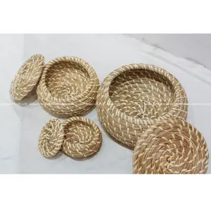 Cesta de Soporte redondo para algas marinas con tapa, cesta de fruta y regalo, decoración de Navidad para el hogar, Natural, 100%