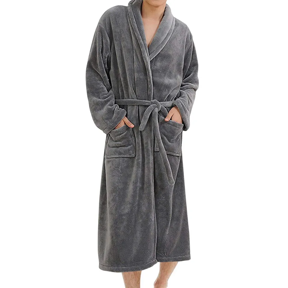 Men Fleece Robe Plush Kimono Bathrobe Winter Soft Warm Long Night Robes House Coat