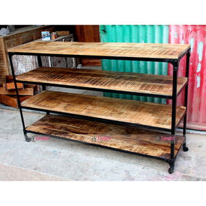 Étagère de présentation industrielle vintage en bois à quatre niveaux avec base en métal, support de table de bar, étagère de cuisine artisanale pour la maison et l'hôtel - Product Image 4