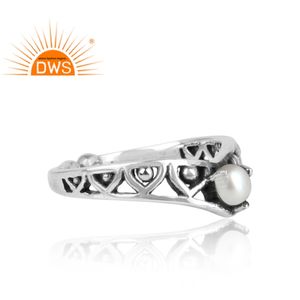 Anillo de Plata de Ley 925 con gema de perla blanca, joyería oxidada con diseño étnico para niñas - Product Image 3