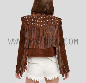ผู้หญิงสีน้ำตาล STUDDED SUEDE FRINGES เสื้อหนัง - Product Image 3