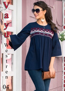 Kurta Style เสื้อคอตตอนปักลายสำหรับผู้หญิง,เสื้อคอตตอน/แฟนซีแขนยาวดีไซน์สวยแบบเฉพาะ - Product Image 4