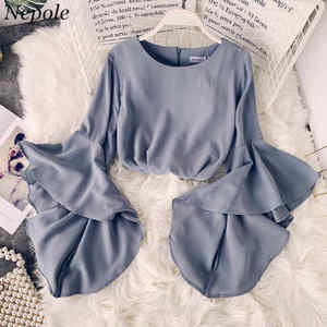 Cuello redondo de las mujeres blusa larga llamarada manga Verano de 2019 de moda llano dulce tops primavera nueva llegada elegante blusas - Product Image 6