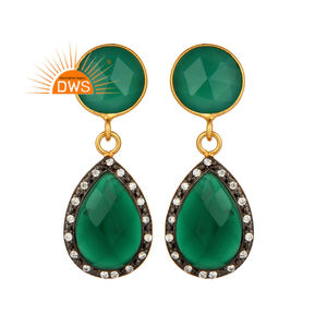 Pendientes de Ónice Verde Natural al por Mayor, Pendientes Colgantes con Engaste de Plata Chapada en Oro de 14k, Joyería de Colección Clásica - Product Image 1