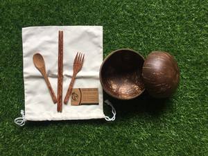 Cubiertos de bambú reutilizables ecológicos de Vietnam, vajilla de coco biodegradable, incluye Tenedor de ébano, cuchara, palillo para acampar - Product Image 4