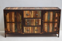 Armoire de rangement en bois recyclé de style rétro moderne, 2 portes, 3 tiroirs, buffet industriel, style farmhouse, écologique, pour salle à manger, salon