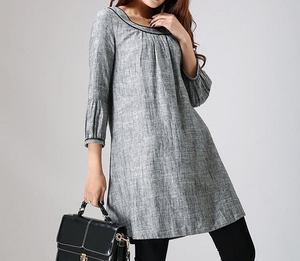 Robe d'été formelle pour femme, longueur genou, en lin gris uni, manches longues, col rond, coupe classique, tissée, respirante, brodée - Product Image 2