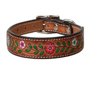 High Quality Tan Leather Soft Padded Hand Tooled <b>Dog</b> <b>Collar</b> Floral Hand Carved Design <b>Dog</b> Pet <b>Collar</b> with Edge Stitching - Product Image 3