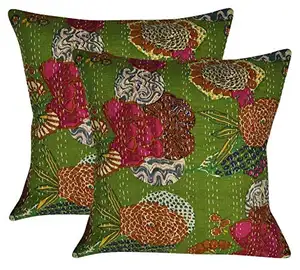 Kantha靠垫抱枕套手工刺绣作品扔16 "印度花卉印花家居装饰的传统民族艺术