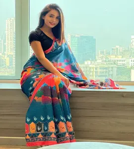Bollywood designer saree designer specchio lavoro fiore design morbido tessuto di seta stampa digitale colore marrone sari con camicetta India