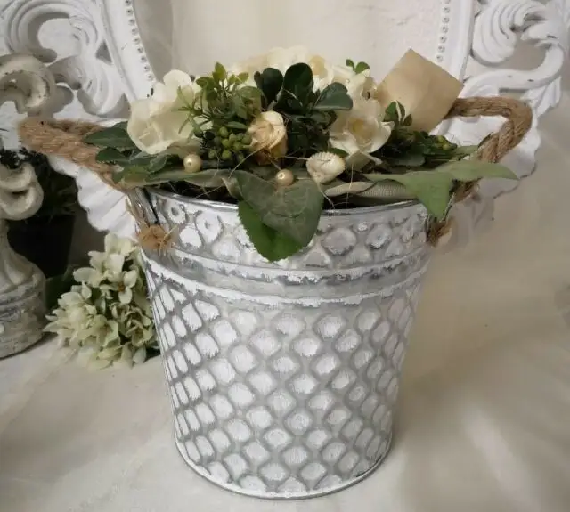 Large Floral Wedding Centerpiece Sweet Heart Table Whitewash Planter Galvanized Flowers & Garden Metal Planter Farmhouse Decor